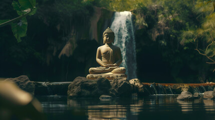 Meditating Buddha statue at beautiful waterfall in the jungle