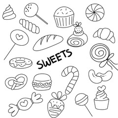 Vector sketch icon illustration set of desserts and bakery products. Hand drawing