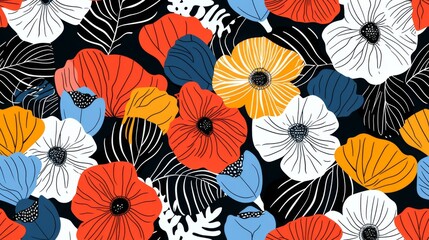 Minimalistic floral pattern in vivid bright colors. Abstract shapes of flowers and leaves in style vector illustration
