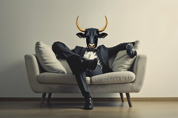 Metaphore of businessman with cow head. Bullish trend of stock market concept - obrazy, fototapety, plakaty