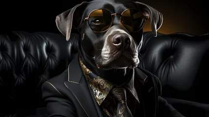 Tuinposter A sophisticated dog dressed in a tailored suit and donning sleek aviator glasses exudes confidence against a solid background. With a debonair charm, it epitomizes modern style and refinement ©  ALLAH LOVE