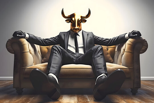 Metaphore of businessman with cow head. Bullish trend of stock market concept