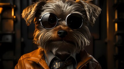 A sophisticated dog dressed in a tailored suit and donning sleek aviator glasses exudes confidence against a solid background. With a debonair charm, it epitomizes modern style and refinement