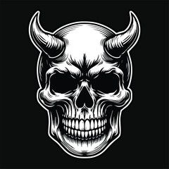 Dark Art Skull Devil with Sharp Horn Black and White Illustration