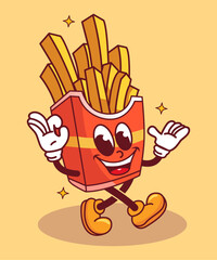 Vector illustration of retro cartoon fries character with funny face, perfect for, t-shirts, stickers, posters, logos, business products, etc