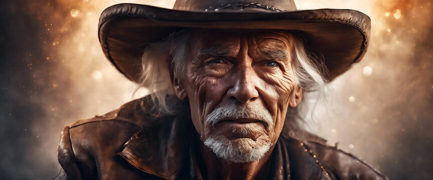 Old cowboy. Elderly man wearing a cowboy hat. Heroic image of a gray-haired man close-up. White beard Dramatic plot. AI generated