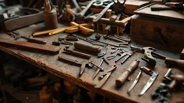A group of vintage hardware tools on an old wooden table
