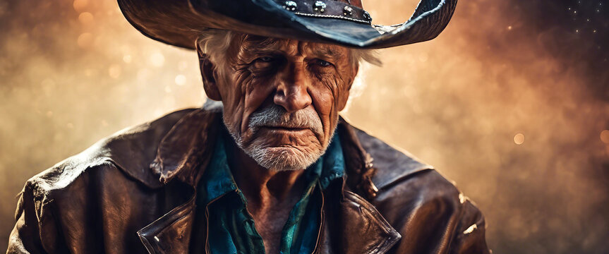 Old cowboy. Close-up of an elderly man in a cowboy hat. Heroic image of a man. AI generated