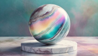 glass globe on the table, marble sphere on marble platform against pastel background, sitting in iridescent chromatic liquid