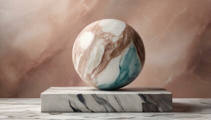 crystal globe on a table, marble sphere on marble platform against pastel background, sitting in iridescent chromatic liquid