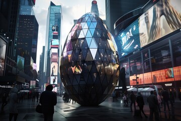 large futuristic-looking Easter egg with reflective surfaces, located in the center of a busy city square