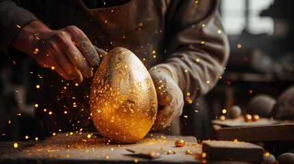 atmospheric shot of a foundry worker producing a large golden Easter egg with sparks flying around it.