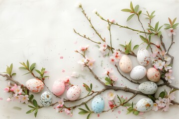 Flat composition depicting speckled Easter eggs and cherry blossom branches on a textured white surface.