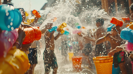 Photo of a group of people splashing water on each other during Songkran, with colorful water guns and buckets in the foreground. - obrazy, fototapety, plakaty