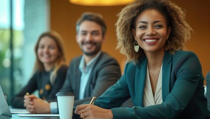 businesswoman sitting at a conference table smiling
