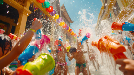 Photo of a group of people splashing water on each other during Songkran, with colorful water guns and buckets in the foreground.