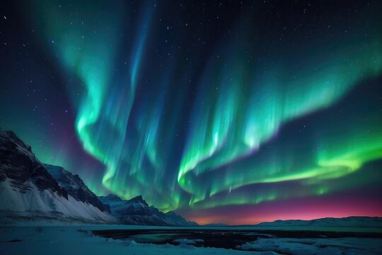 Celestial Explosion Massive Northern Light, Green Powder Burst on Black Background © azait24