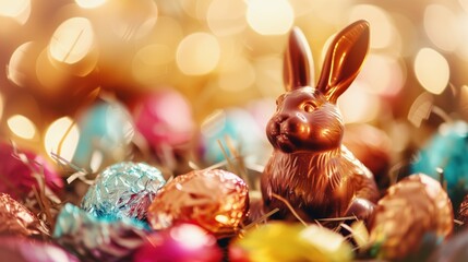 Fototapeta na wymiar Chocolate Easter bunny among a collection of colorful Easter eggs in a package. The background is bokeh with warm golden hues enhancing the festive atmosphere.