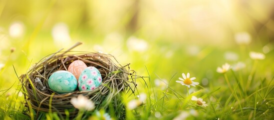 charming rustic twig nest that holds exquisitely painted Easter eggs. The nest is set in a lush grassy field of wildflowers, flooded with the warm golden light of spring.
