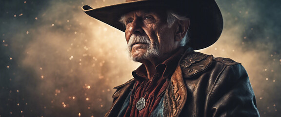 Old cowboy. Close-up of an elderly man in a cowboy hat. Heroic image of a man. Empty space for text. AI generated
