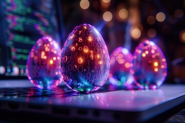 Close-up of Easter eggs with luminous digital patterns located on the programmer's workplace. The...
