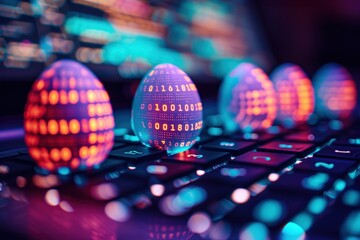 Close-up of Easter eggs with luminous digital patterns located on the programmer's workplace. The eggs emit multicolored neon light - Powered by Adobe