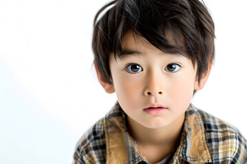Closeup portrait of asian little boy isolated on white background