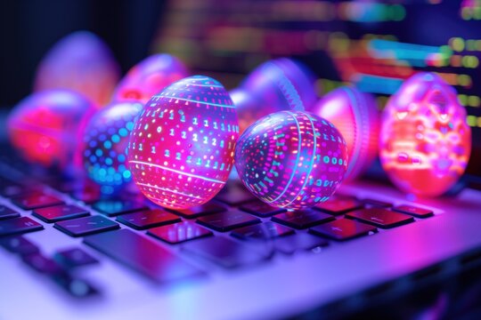 Close-up of Easter eggs with luminous digital patterns located on the programmer's workplace. The eggs emit multicolored neon light
