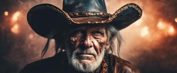 Old cowboy. Elderly man wearing a cowboy hat. Heroic image of a man close-up. Grey hair. Dramatic story. AI generated - obrazy, fototapety, plakaty
