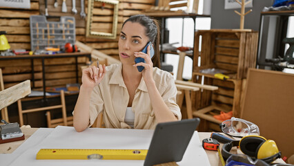 Young, beautiful hispanic woman carpenter engrossed in a lively conversation on her smartphone...