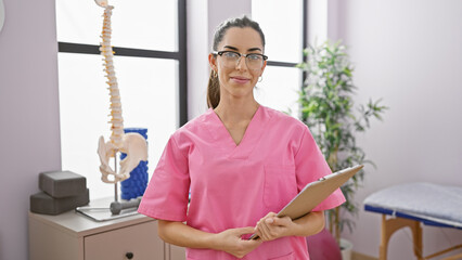 Radiant young hispanic woman physiotherapist joyfully poring over treatment document in bustling...