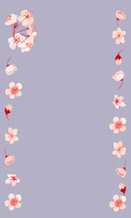 Watercolor hand drawn pink sakura flower vertical frame on pastel purple background