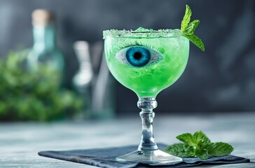 Mint green cocktail garnished with a mint leaf, featuring a whimsical candy eye floating within - Powered by Adobe