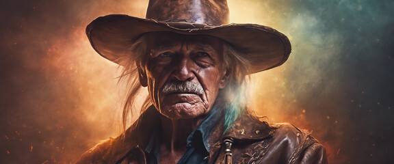 Old cowboy. Elderly man wearing a cowboy hat. Heroic image of a man close-up. Grey hair. Dramatic plot. AI generated - obrazy, fototapety, plakaty