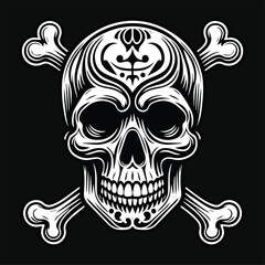 Fototapeta premium Dark Art Skull Head with Bone Black and White Illustration