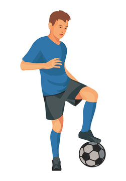 Figure of a boy in blue sports uniform standing in a half-turn placing his foot on the ball on junior football training or championship