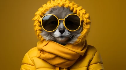 Tuinposter A stylish cat dons a fashionable dress and trendy sunglasses, striking a pose against a solid bright yellow background. Its confident gaze and modern fashion choices make it a true trendsetter ©  ALLAH LOVE