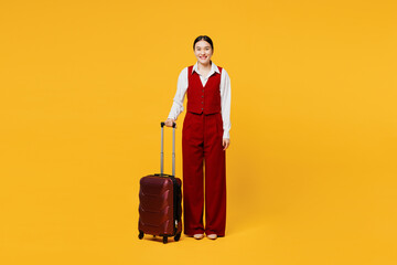Traveler corporate lawyer employee business woman wear red vest shirt hold suitcase bag isolated on...