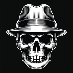Dark Art Pirates Skull Head with Hat Pirates Black and White Illustration