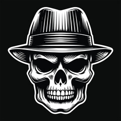 Dark Art Mafia Skull Head with Hat Black and White Illustration