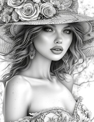 girl in a straw hat. page for adult and children coloring book