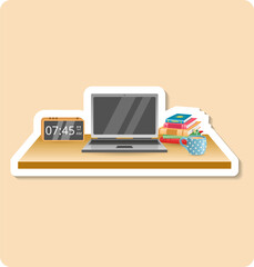 Work desk sticker illustration. Table, alarm, laptop, books, cup. Editable vector graphic design.