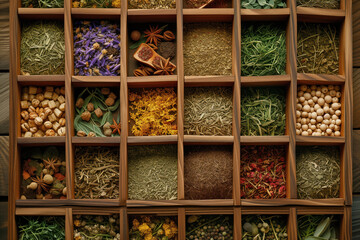 Fototapeta na wymiar A wooden box with compartments for a variety of colorful and textured spices and herbs shows nature's palette.