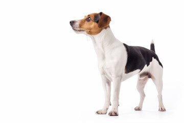 A focused Jack Russell Terrier with a mix of white, black, and brown fur stands alert, showcasing its profile against a pure white background.