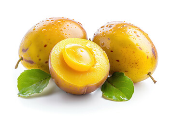 A close-up image of dew-kissed marula fruits. One fruit is halved, revealing its juicy yellow...