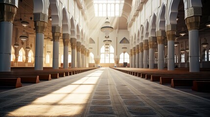Fototapeta premium A peaceful mosque interior with rows of prayer mats