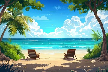 Cartoon Tropical Beach: Seaside Vacation Illustration

