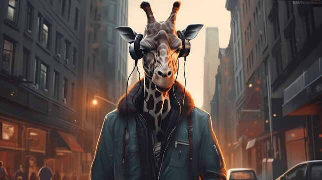 A stylish giraffe wearing a leather jacket, jeans, and trendy sneakers, rocking a pair of wireless headphones on a busy city street