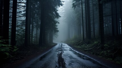 Obraz premium A road through a misty, atmospheric forest