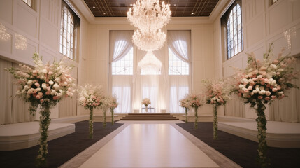 고급스러운 웨딩 홀의 화려한 꽃 장식과 로맨틱한 분위기